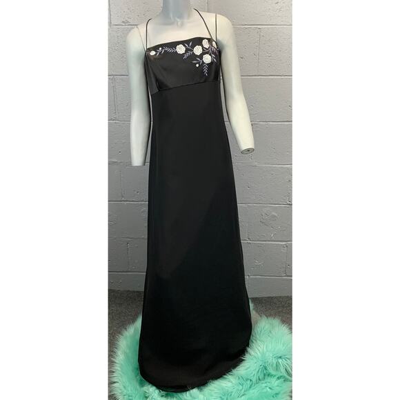 Y2K Black Satin Maxi Slip Dress Formal Prom Volup Plus 16 Floral Embroidered - Picture 4 of 9